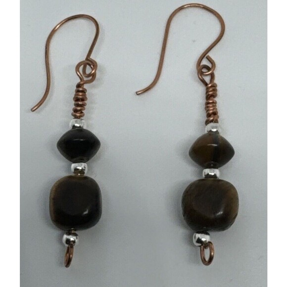 Copper And Tiger's Eye Stone Dangle Earrings Handmade Copper Ear Hooks - Picture 6 of 8